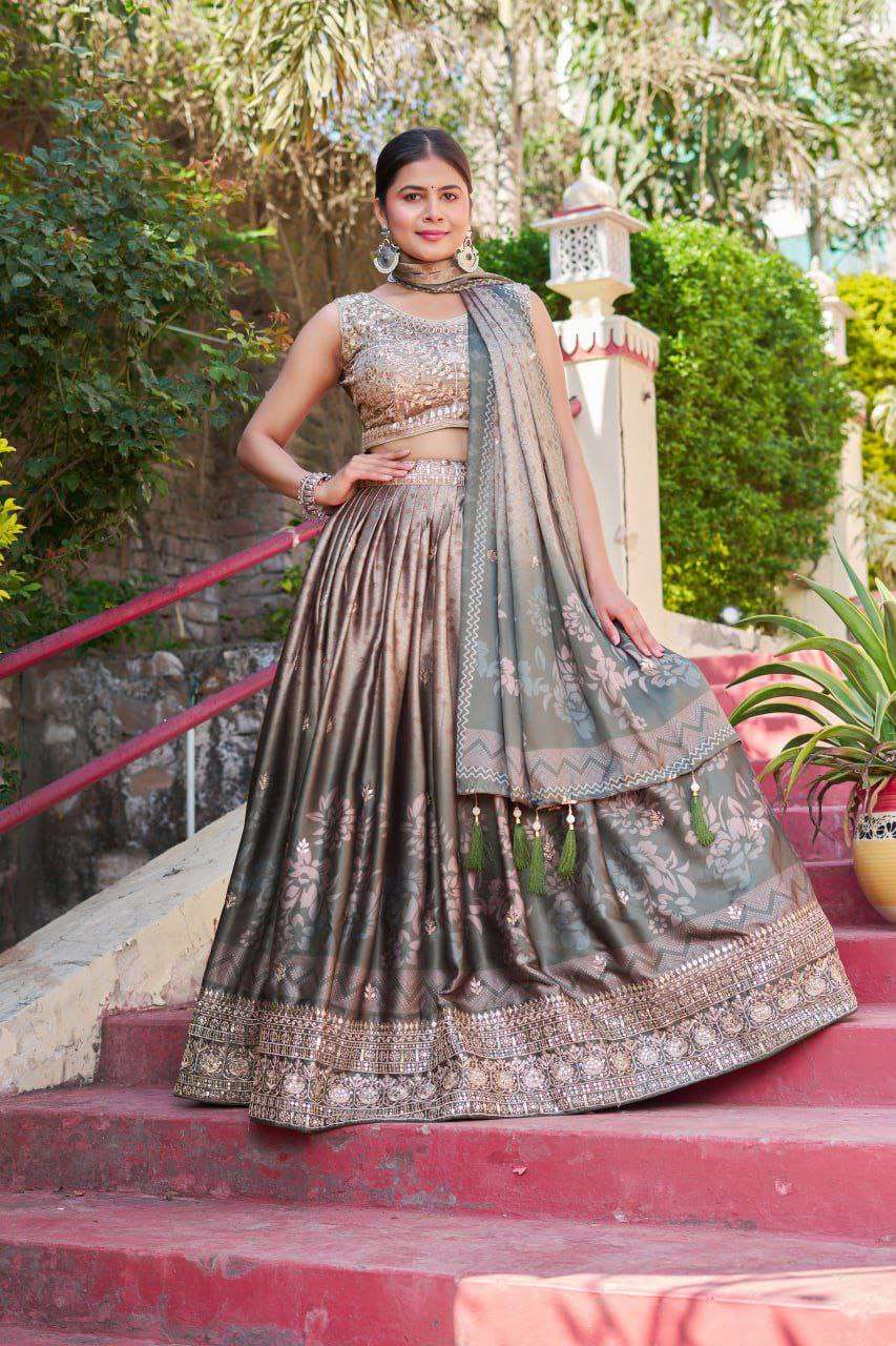Greyish Maslin Sarting Lehenga Choli with Golden Blouse | Digital Print & Embroidery Work | Wedding & Festive Wear - Image 6