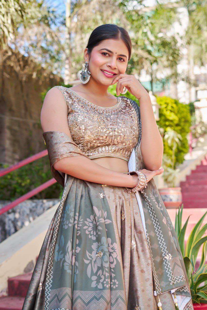 Greyish Maslin Sarting Lehenga Choli with Golden Blouse | Digital Print & Embroidery Work | Wedding & Festive Wear - Image 4