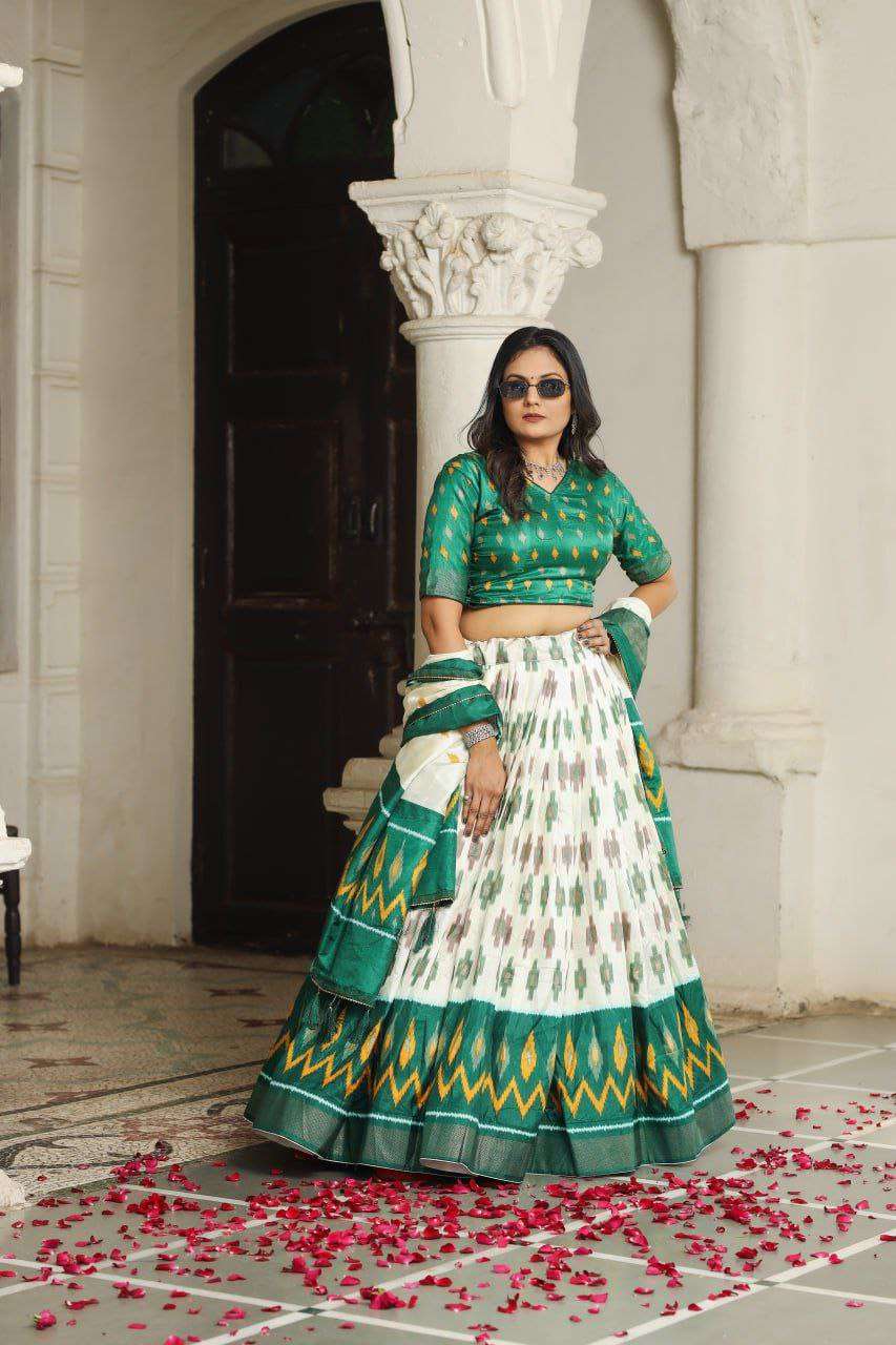 White Dola Silk Lehenga Choli with Bottle Green Blouse | Patola Print & Foil Work | Wedding & Festive Wear - Image 5