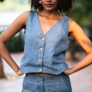 Women's Cotton Solid V Neck Sleeveless 2 Piece Outfit Loose Tank Top and Wide Leg Palazzo Pants Sets cord set ( Danim )