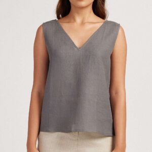 Women's Cotton Solid V Neck Sleeveless 2 Piece Outfit Loose Tank Top and Wide Leg Palazzo Pants Sets cord set ( Grey Beige )