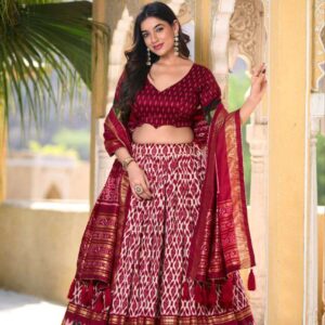 Full Maroon Tussar Silk Lehenga Choli with White Blouse | Patola Print & Foil Work | Wedding & Festive Wear