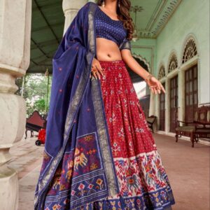 Maroon Tussar Silk Lehenga Choli with Navy Blue Blouse | Minakari & Foil Print | Wedding & Festive Wear