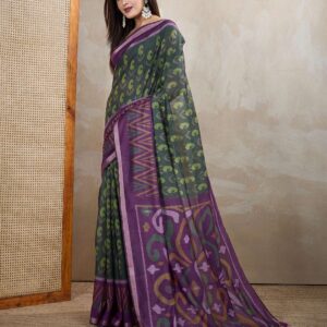 Dark Green & Purple Ikat Printed Chanderi Saree ? Festive & Wedding Wear