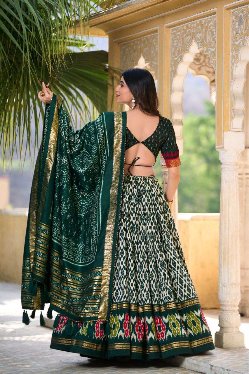 White Tussar Silk Lehenga Choli with Bottle Green Blouse | Patola Print & Foil Work | Wedding & Festive Wear - Image 4