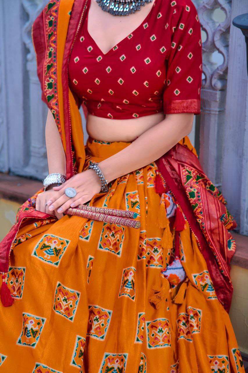 Orange Tussar Silk Lehenga Choli with Red Blouse | Bandhani Peacock & Foil Print | Wedding & Festive Wear - Image 4