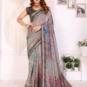 Rustic Multicolor Checks Chanderi Saree with Floral Printed Border & Tassels ? Festive & Wedding Wear