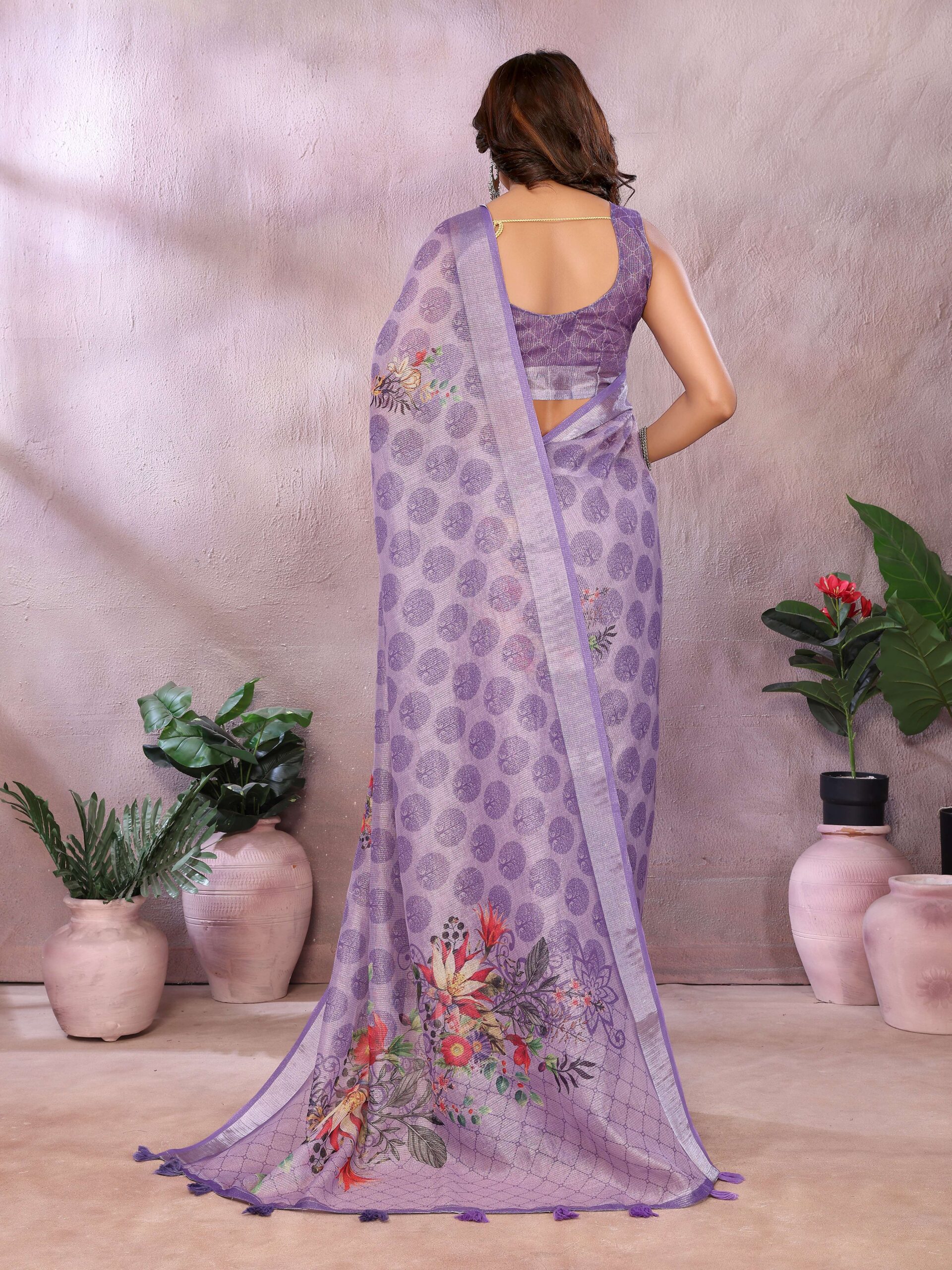Lavender Floral Linen Shimmer Saree ? Elegant Festive & Wedding Wear - Image 6