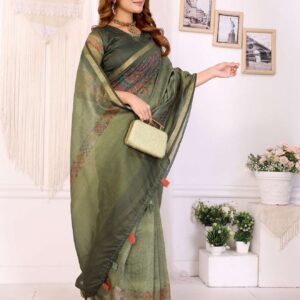 Olive Green Chanderi Saree with Multicolor Geometric Border & Tassels ? Festive & Wedding Wear