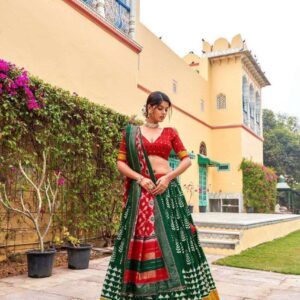 Green Dola Silk Lehenga Choli with Red Blouse | Patola Print & Foil Work | Wedding & Festive Wear