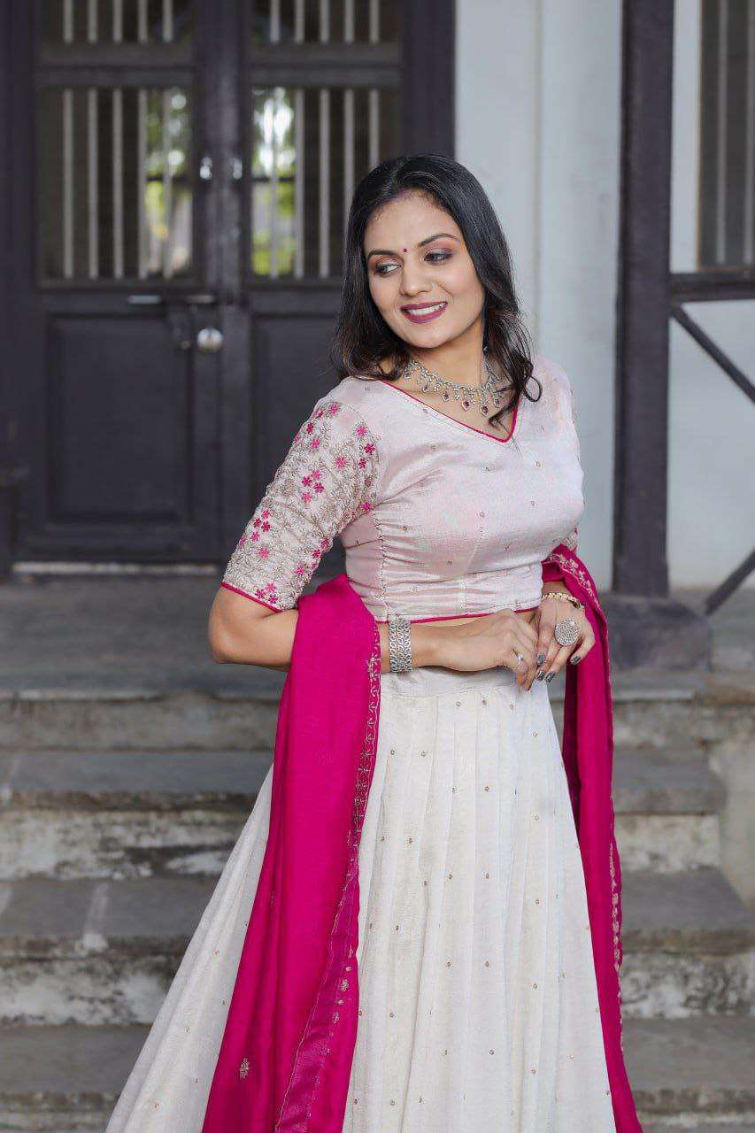 White Vichitra Silk Lehenga Choli with Red Blouse | Sequins & Thread Embroidery | Bridesmaid & Wedding Wear - Image 2