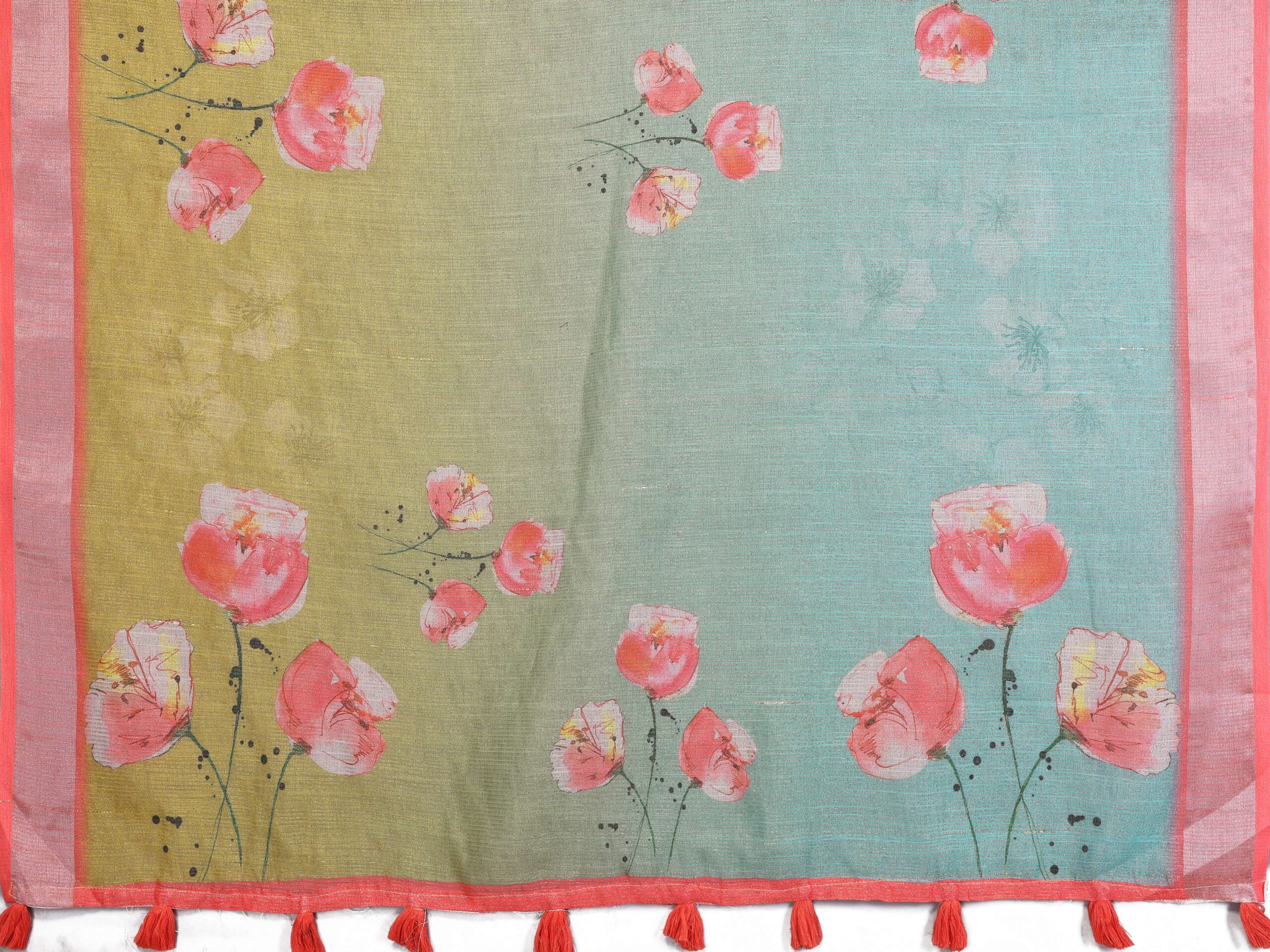 Green & Aqua Floral Print Linen Shimmer Saree - Image 6