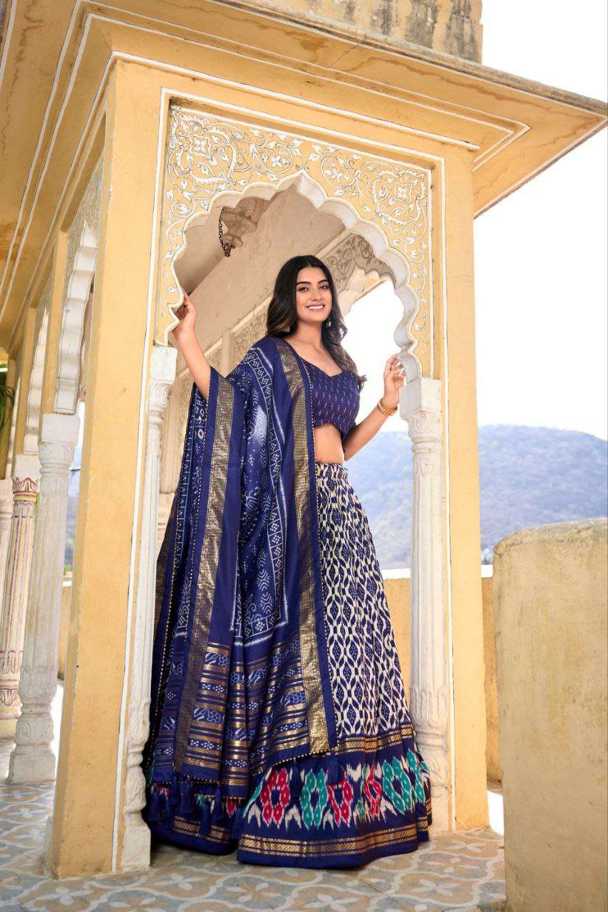 Full Royal Blue Tussar Silk Lehenga Choli with Matching Royal Blue Blouse | Patola Print & Foil Work | Wedding & Festive Wear - Image 3