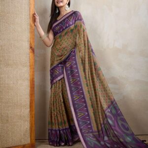 Olive & Purple Ikat Printed Chanderi Saree ? Elegant Festive & Wedding Wear