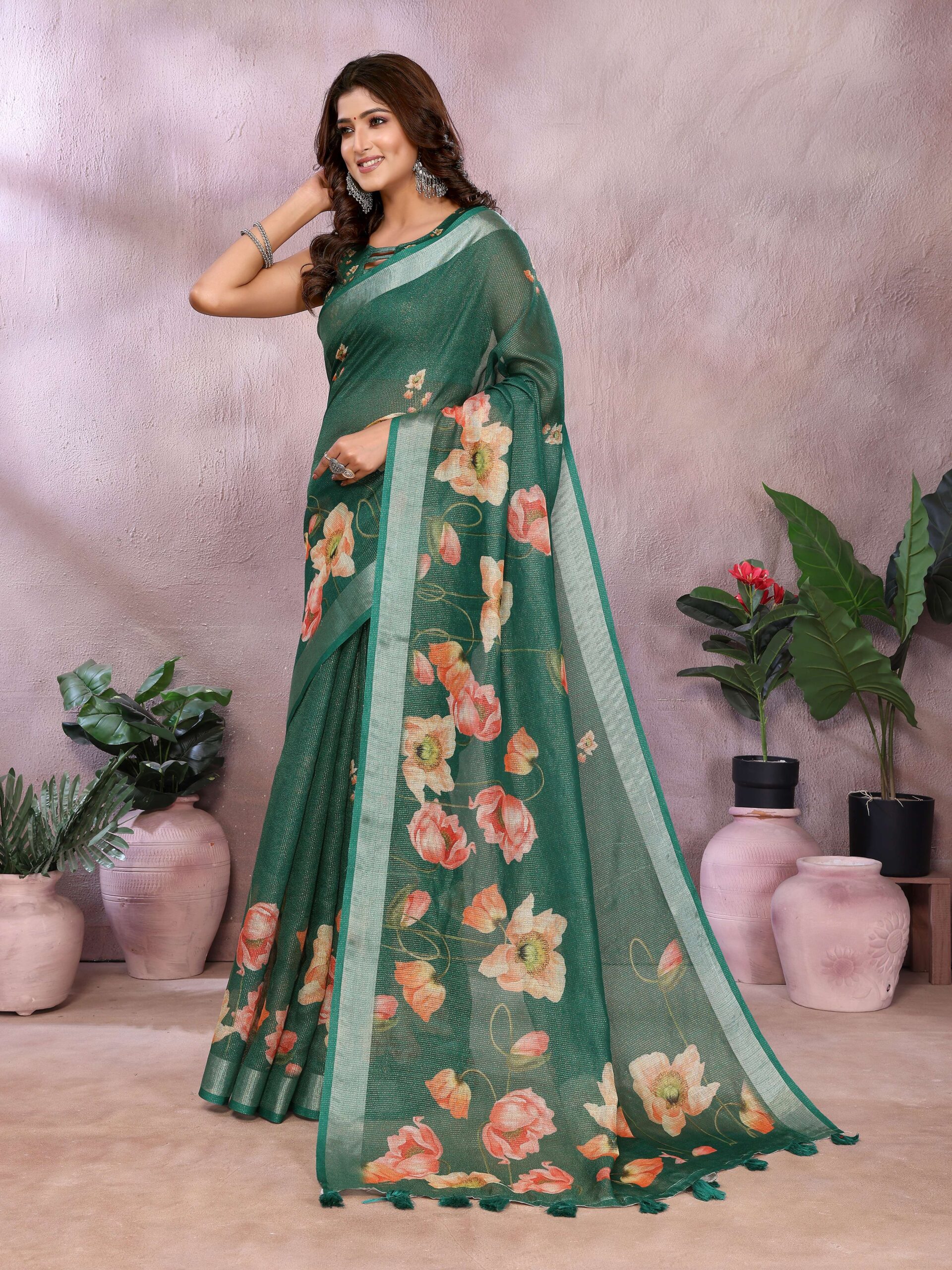 Green Floral Linen Shimmer Saree with Peach & Cream Prints ? Elegant Festive Wear