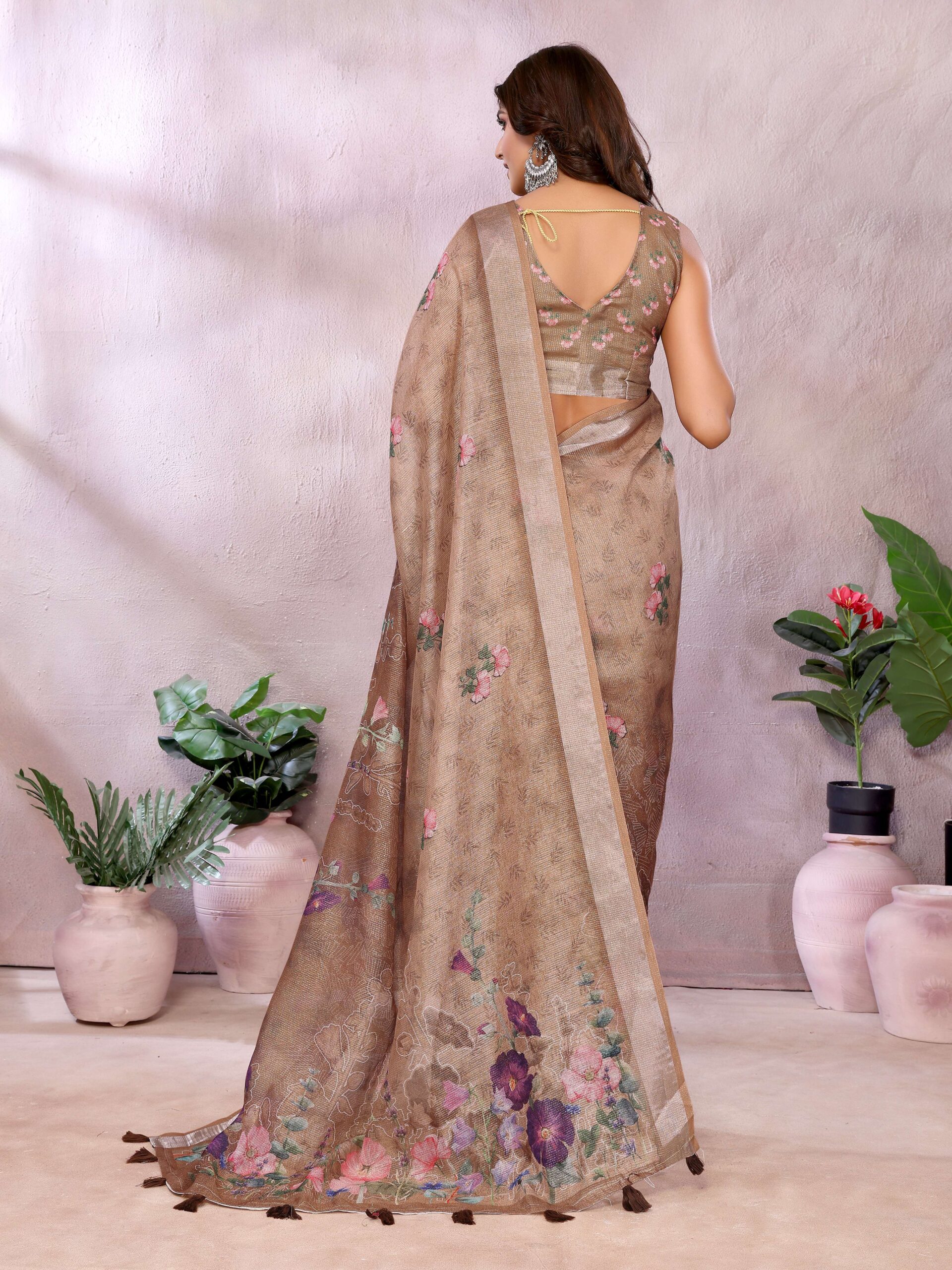Coffee Brown Floral Linen Shimmer Saree ? Elegant Festive & Wedding Wear - Image 6