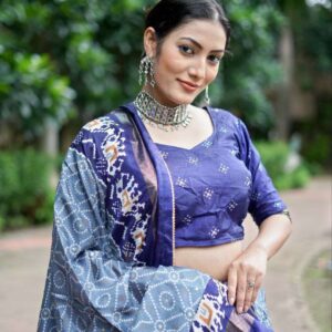 Blue Dola Silk Lehenga Choli with Light Blue Blouse | Bandhej & Ajarakh Print | Wedding & Festive Wear