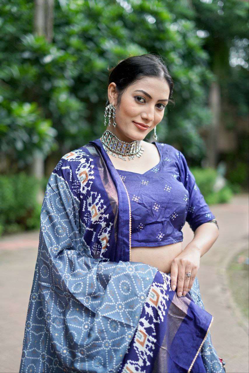 Blue Dola Silk Lehenga Choli with Light Blue Blouse | Bandhej & Ajarakh Print | Wedding & Festive Wear