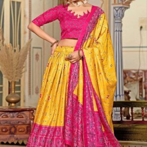 Yellow Dola Silk Lehenga Choli with Pink Blouse & Minakari Foil Print | Haldi & Wedding Wear
