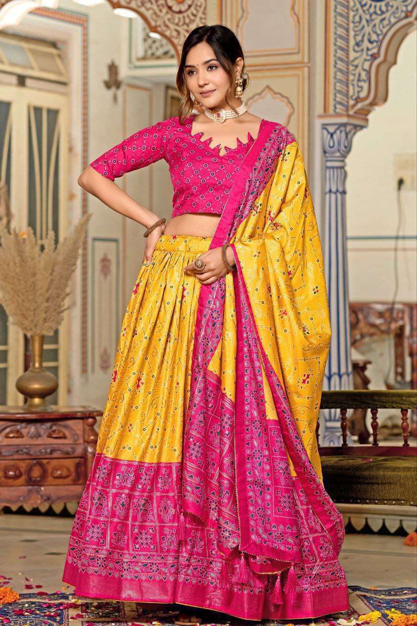 Yellow Dola Silk Lehenga Choli with Pink Blouse & Minakari Foil Print | Haldi & Wedding Wear