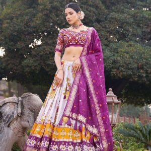 White Tussar Silk Lehenga Choli with Maroon Blouse | Patola Print & Foil Work | Wedding & Festive Wear