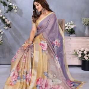Yellow & Lavender Floral Print Linen Shimmer Saree