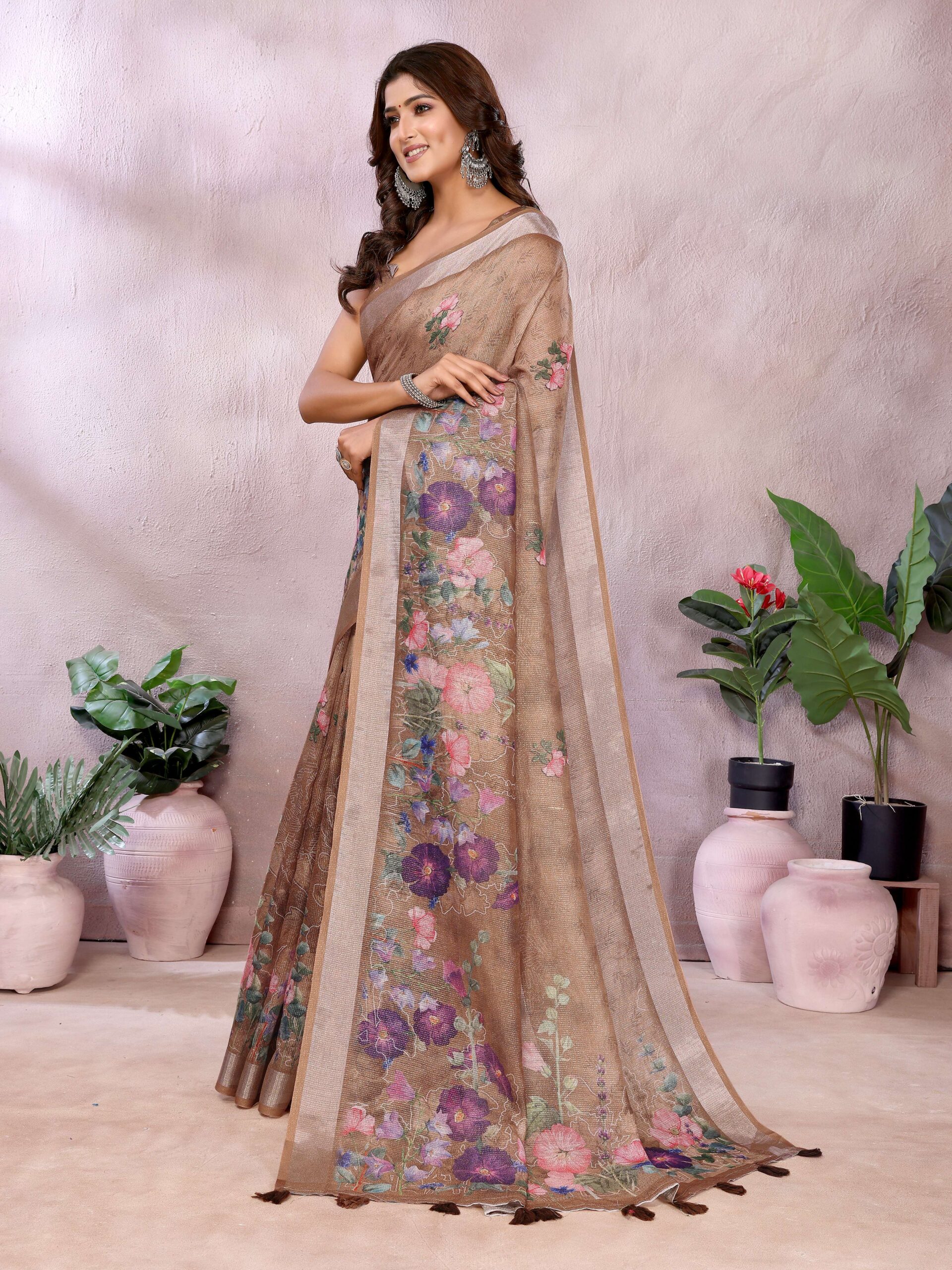 Coffee Brown Floral Linen Shimmer Saree ? Elegant Festive & Wedding Wear - Image 5